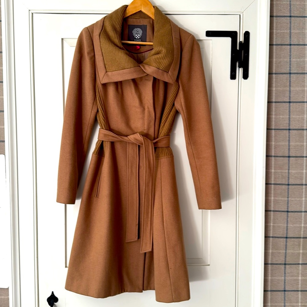 Vince Camuto wool coat, wing collar,double-breasted, self-tie belt, knit details
